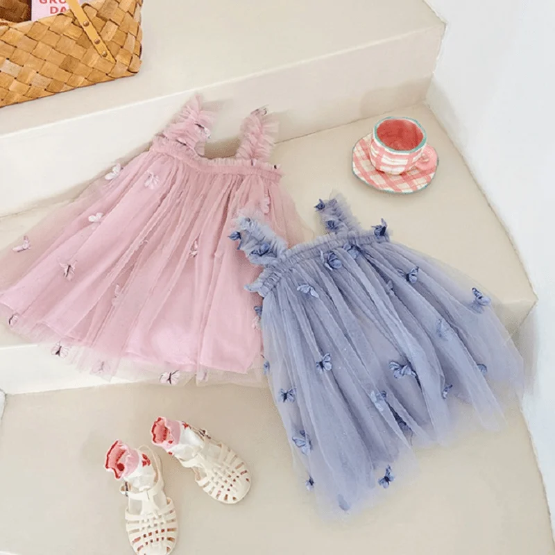 Baby Girl Princess Strap Butterfly Tutu Dress Infant Toddler Girl Summer Sleeveless Vestido Party Birthday Baby Clothes 1-7Y