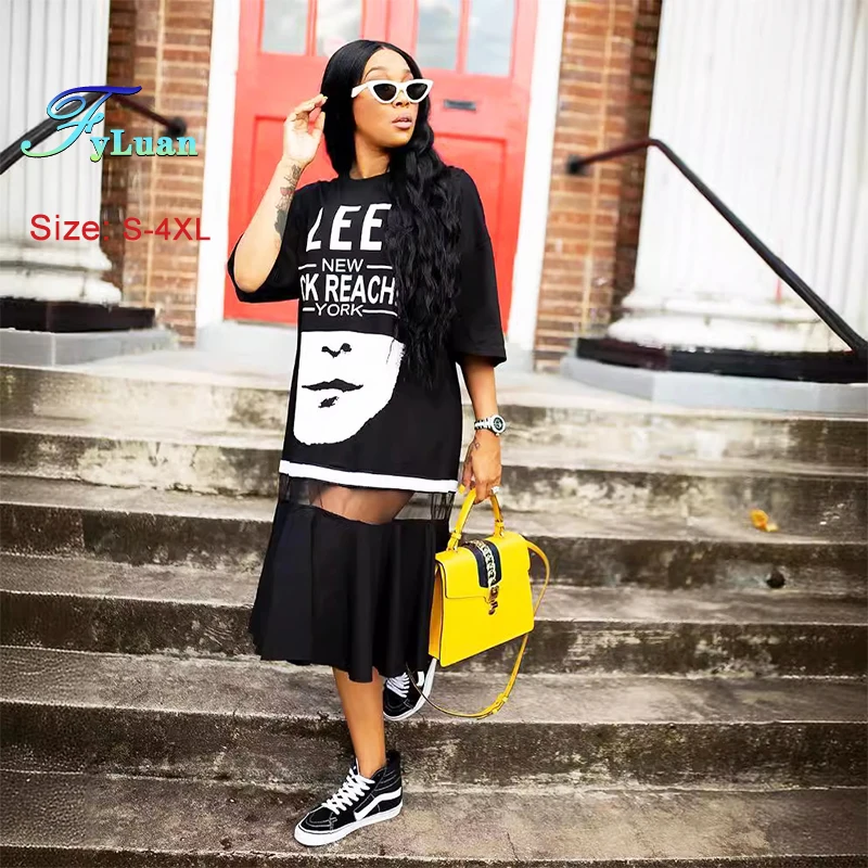 Zomer Nieuwe Grote Maat Vrouwen Jurk Brief Print Mesh Splicing Losse Dames Grote T-shirt Dagelijks Casual Reizen Half Mouw Lange Jurk