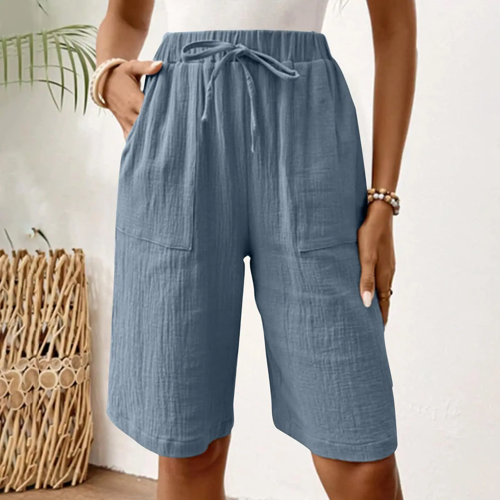 

Women Knee Length Casual Shorts Cotton Linen Straight Wide Leg High Waist Beach Drawstring Trousers Casual Vacation Short Pants