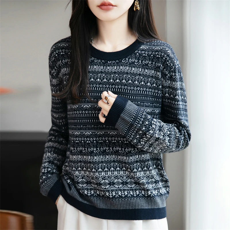 Autunno e inverno nuovo maglione di lana color block da donna moda coreana lavorato a maglia O-collo pullover allentato top da donna di vendita caldo