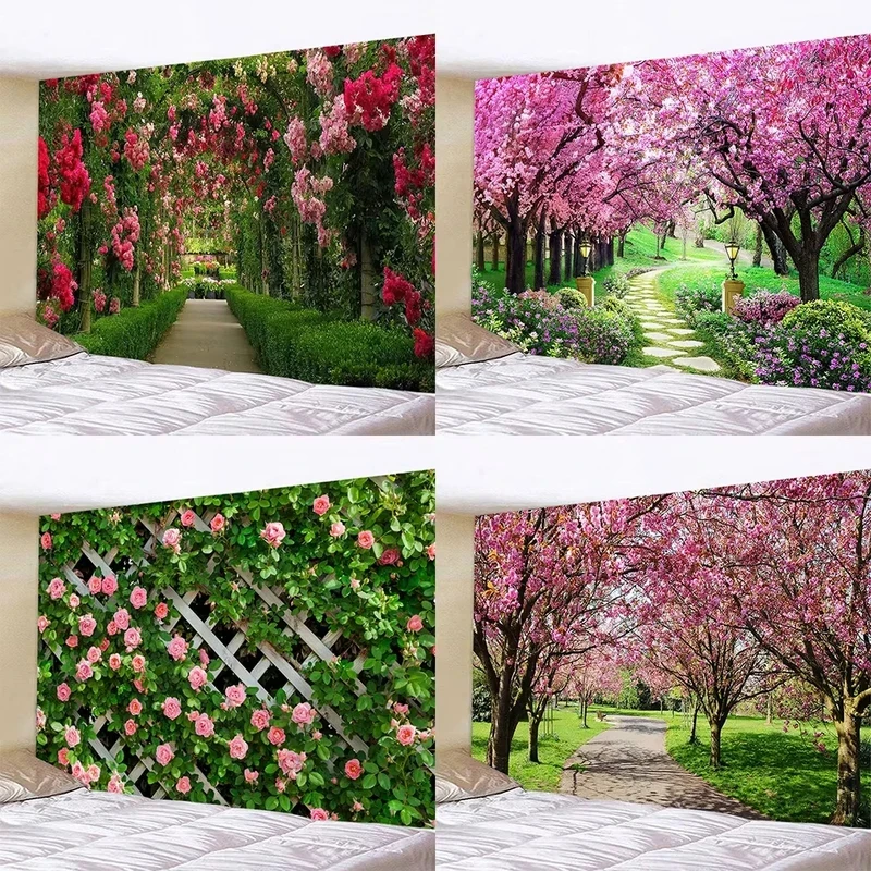VIKAMA Flower Garden Tapestry Rose and Cherry Blossom Pathway Landscape Wall Hanging Decor for Bedroom Living Room