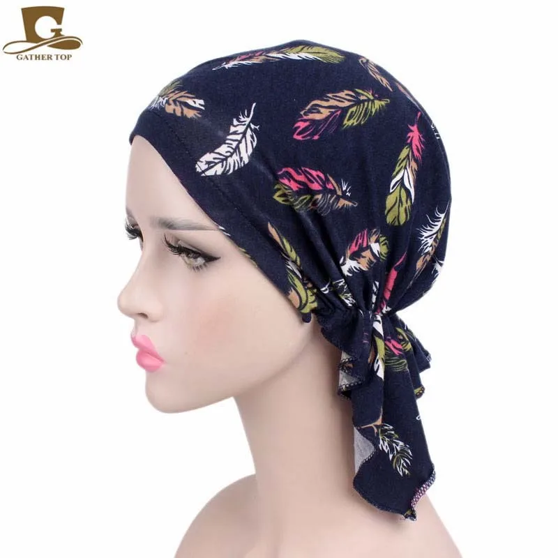 Turban en coton pré-noué pour femme, chapeau musulman, écharpe de sauna, bandanas à imprimé floral, vêtements de sauna doux, perte de cheveux,