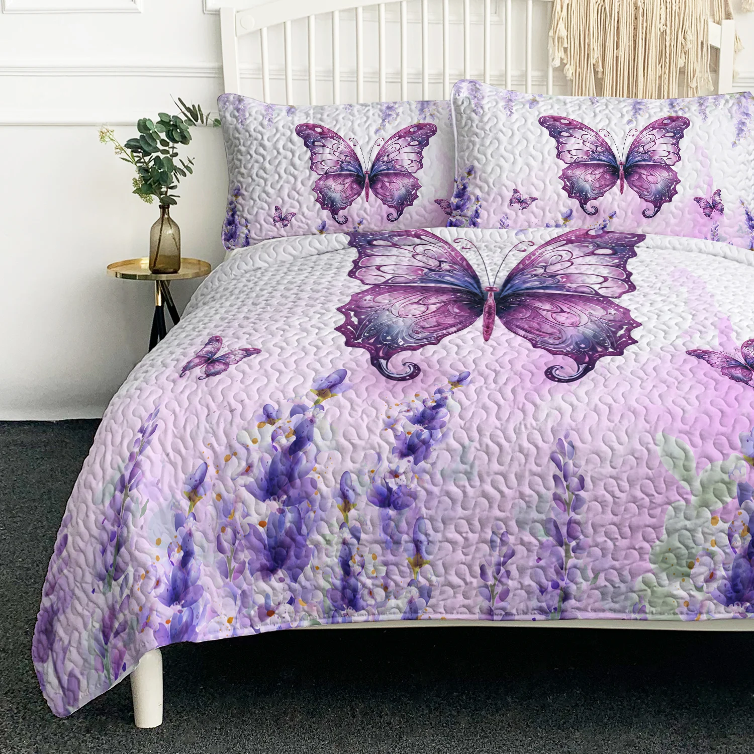 

Fashion Lavender Purple Butterfly Theme Quilt Set Vintage Yellow Flower Colorful Butterfly Printed Comforter With 2 Pilowcases