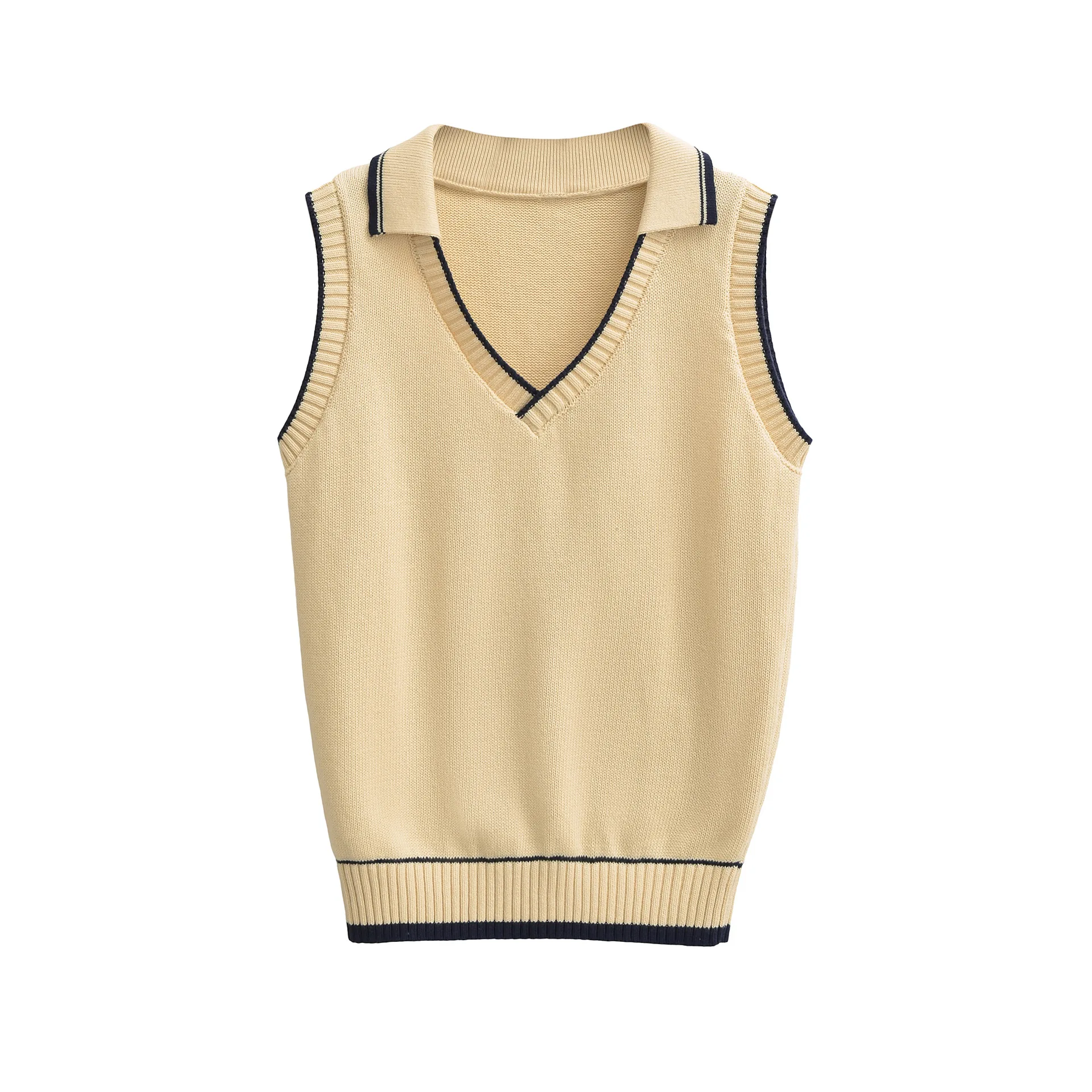 Slim Fit Turn-Down Collar Patchwork Sleeveless Knitted Vest Ruffled Soft For School Office Or Stylish Daily Looks Elegant F2BR