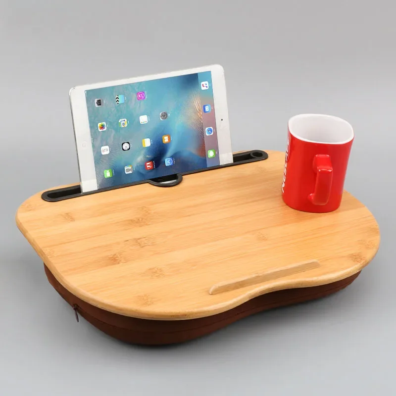 Bamboo Knee Lap Desk Desk with Card Slot and Cup Holder Tablet Tray Computer Desk Laptop Stand Convenient Pillow Table