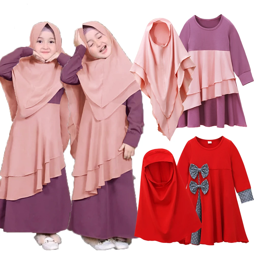 

2pcs Muslim Kids Girls Abaya Hijab Long Maxi Dress Set Turkey Khimar Burqa Prayer Kaftan Islam Dubai Eid Party Ramadan Arab Robe