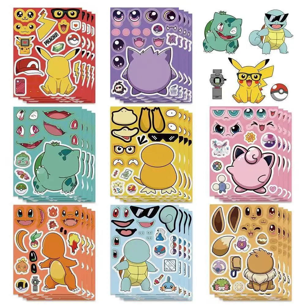 8 Vellen Anime Pokemon Cartoon Puzzel Stickers Pikachu Kinderen Maken Een Gezicht DIY Speelgoed Grappig Monteren Jigsaw Kids Jongens meisjes Party