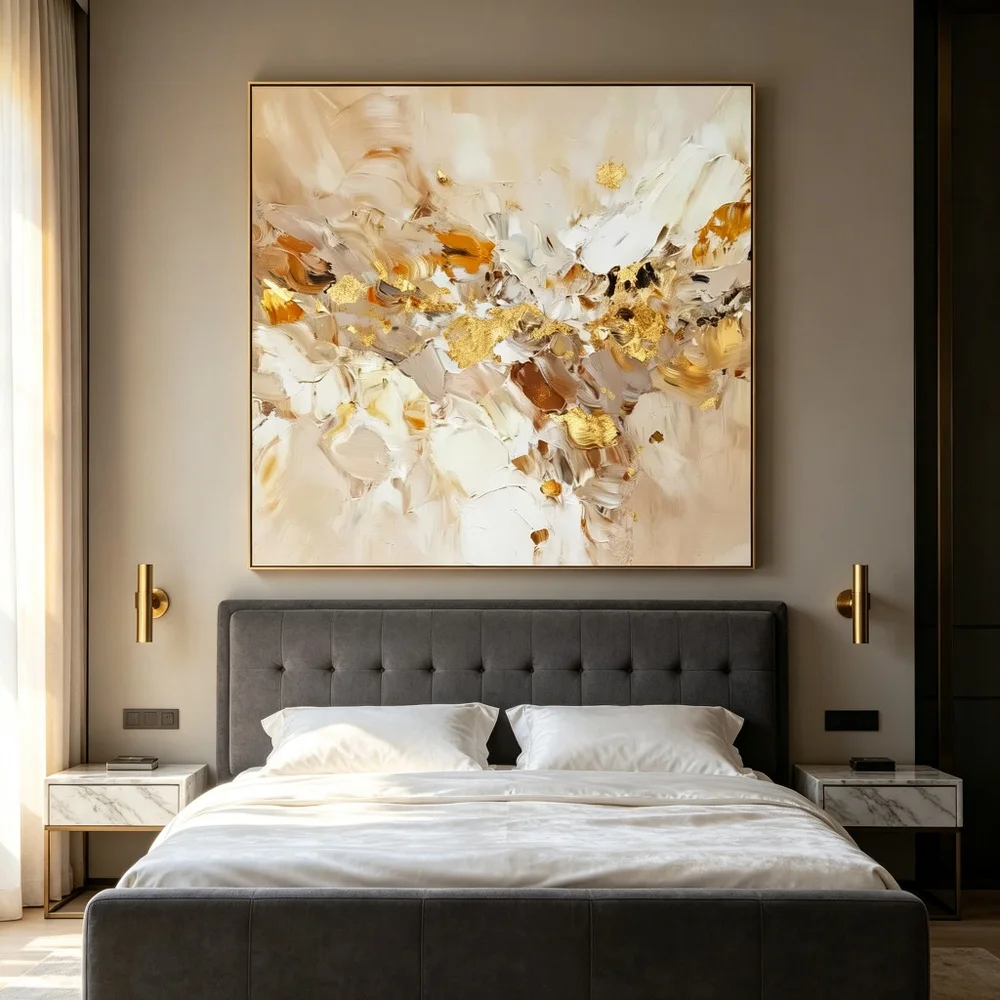 Hand Painted Abstract Oil Painting Original Palette Knife Minimalist Canvas Wall Art Gold Large Home Living Room Bedroom Decor