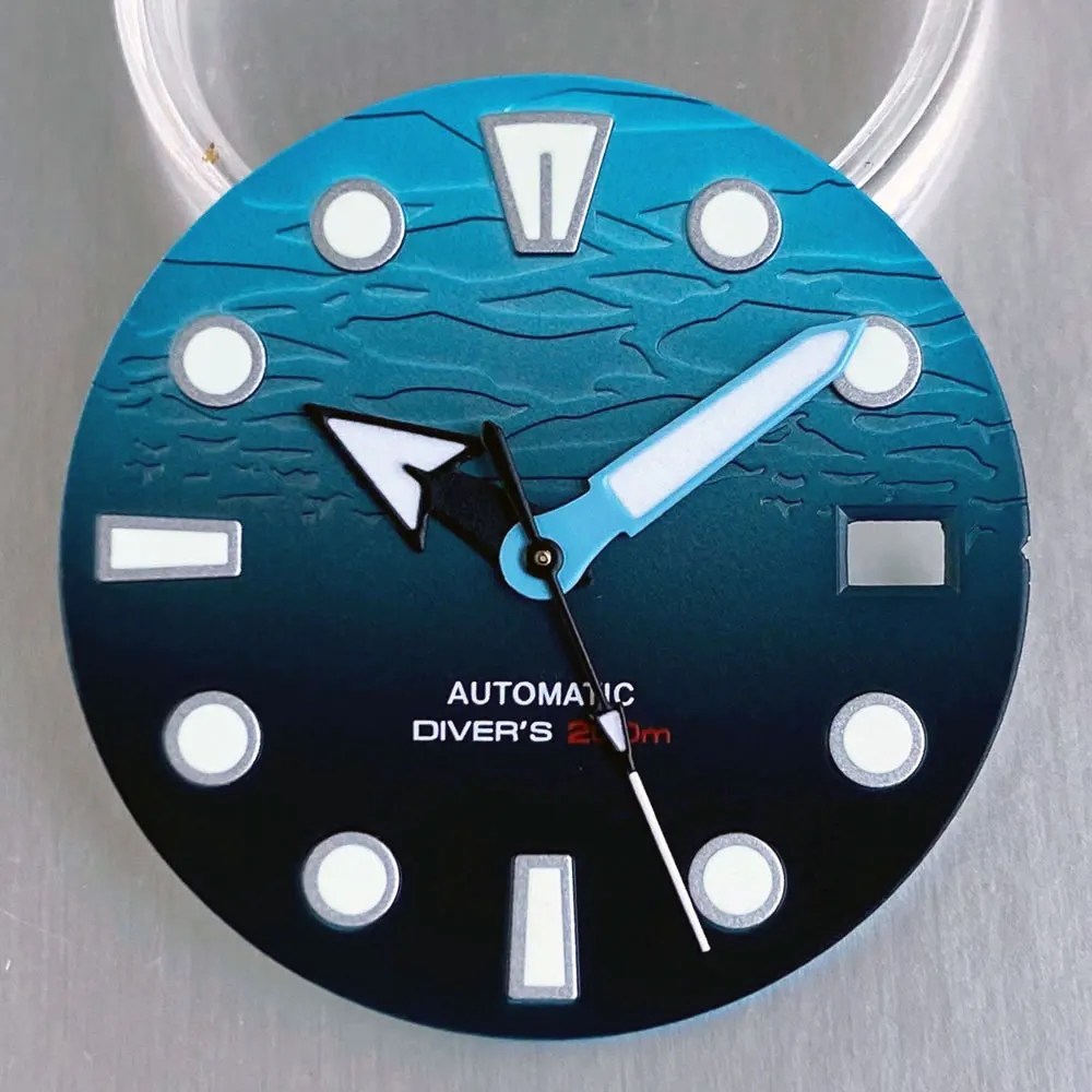 29mm Blue Ocean Wave Pattern Gradient Dial Nologo Green Luminous Arrow Hands Fit NH35 Automatic Diver Watch Accessories Parts