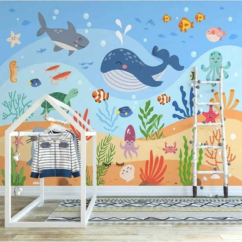 

Custom Cartoon Fish Wallpaper Hand-Painted Nursery Playroom Wall Mural Decor Background Painting for Children's Bedroom