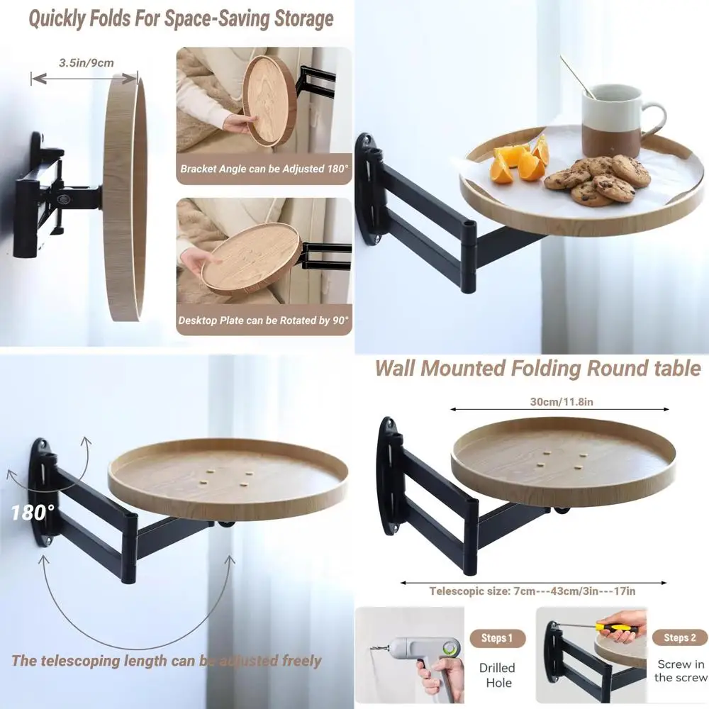 

Round Wall-Mounted Folding Desk with Retractable Shelf, White Oak, 11.8in (30cm) for Bedroom, Living Room, Study