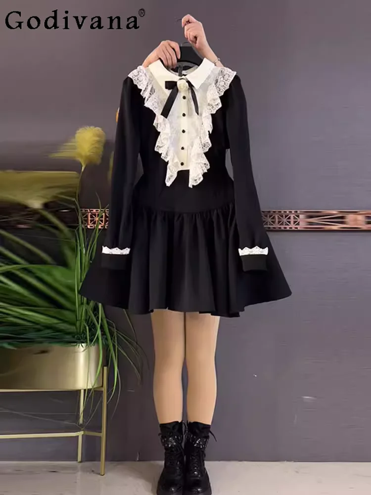 

New Large Size Ladies Peter Pan Collar Lace Ruffles Long Sleeve Dresses Age Reduction High Waist A-line Japanese Leisure Dress