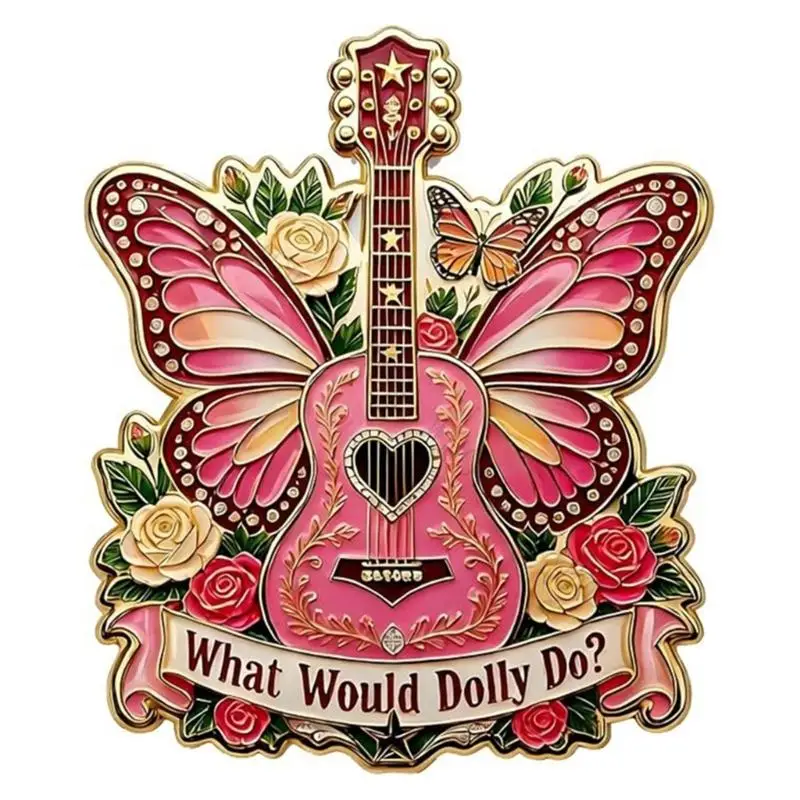 R7UF Statement Brooch with Colorful Enamel and Gold-Tone Trim, Butterfly-Shape Guitar and Floral Design for Jackets and Sweaters