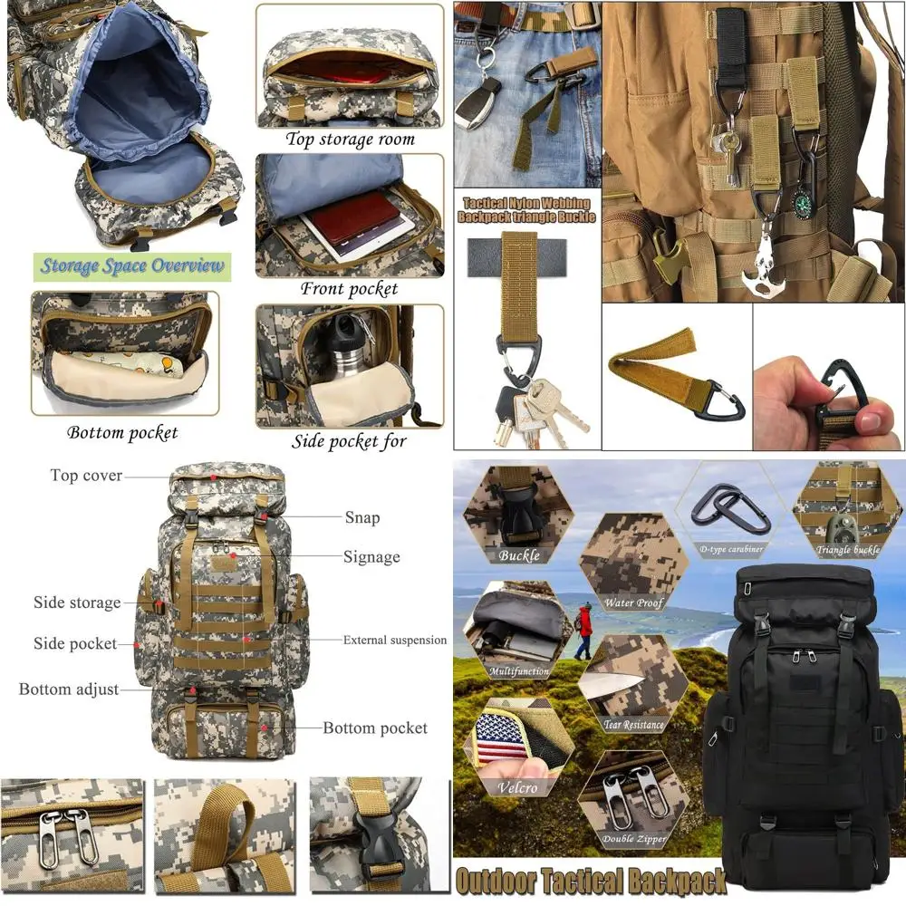 

Men's 70L Waterproof Hiking Backpack with MOLLE, 3-Day Outdoor Adventure Pack for Camping, Climbing, and Travel (Black)