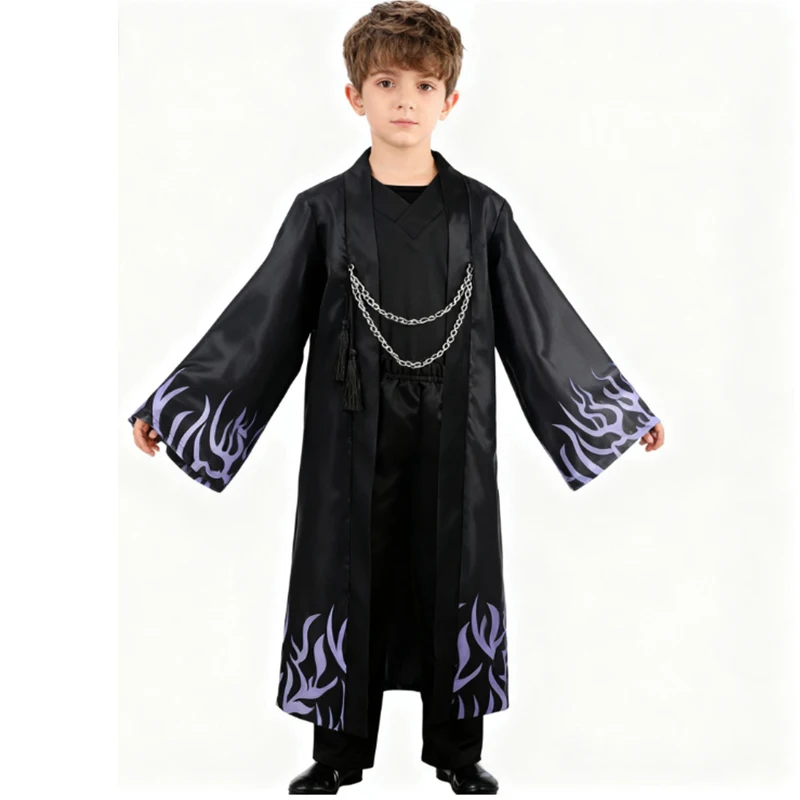 

Kpop Kid Halloween Costume Boys Demon Cosplay Costume Carnival Disguise Singer Idol Black Printed Coat+T-Shirt+Pant Dress Up