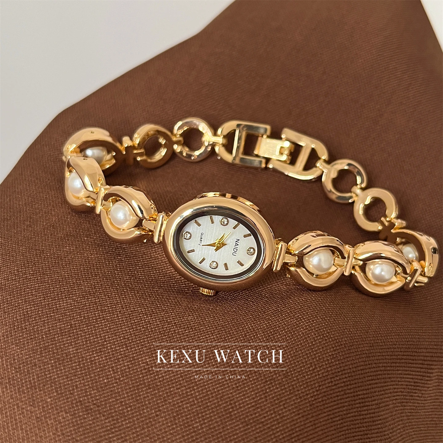 NAIDU Watch for Women, Elegant Pearl Accent Bracelet Watch for Women, Dainty White/Black Dial Oval Face Ladies Watch Wholesale