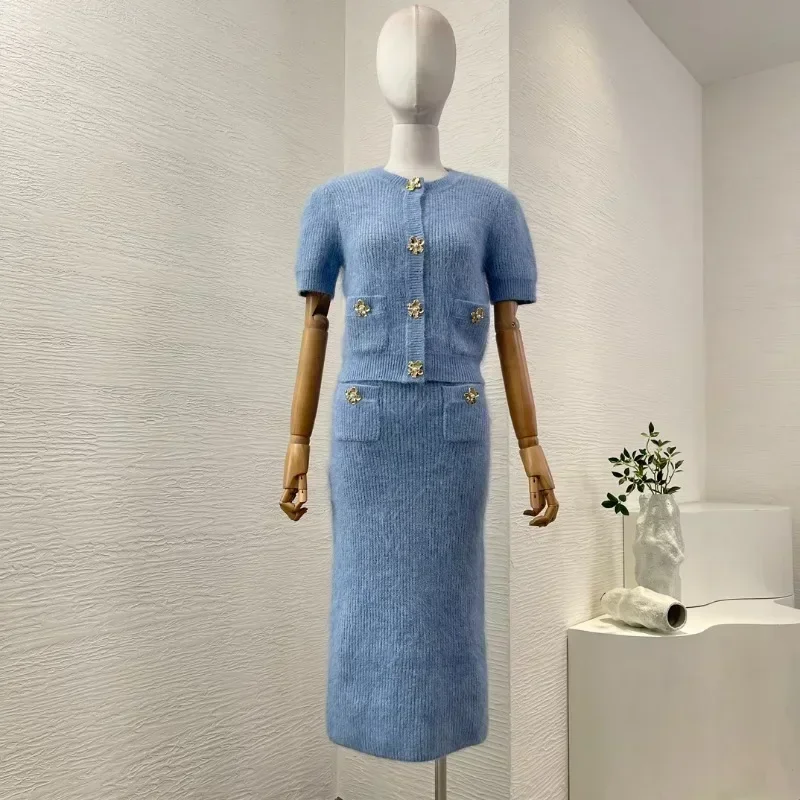 Top Quality Women's Winter Autumn Blue Short Sleeve Elegant Blouse Tops and Skirt Set 2024 New