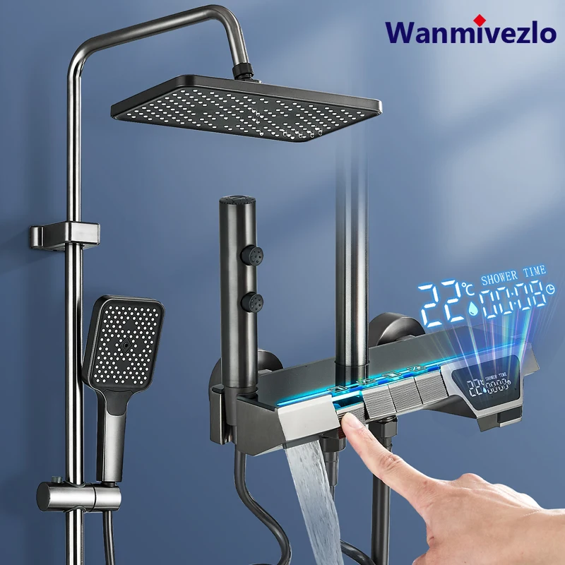 Smart Digital Display LED Cold Hot Shower Faucet with 3 Modes Handshower 2 Modes Booster Spray Gun 4 Piano Button Function