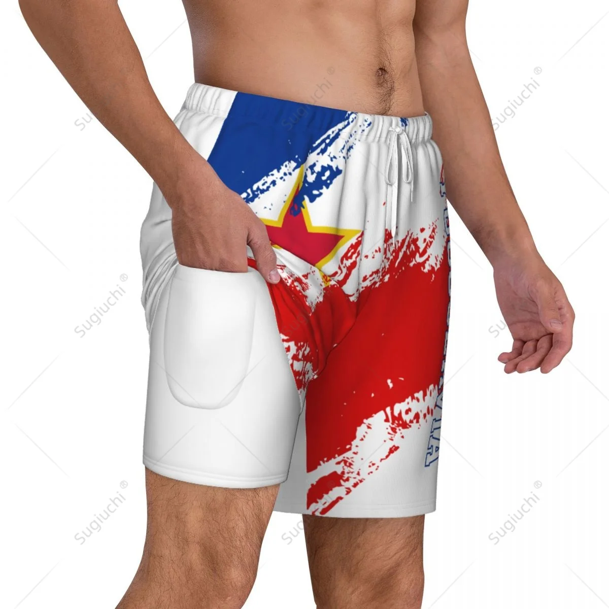 Yugoslavia Flag 3D Mens Swimming Beach Surfing Pants Swim Shorts Trunks Compression Liner 2 in 1 Quick-Dry