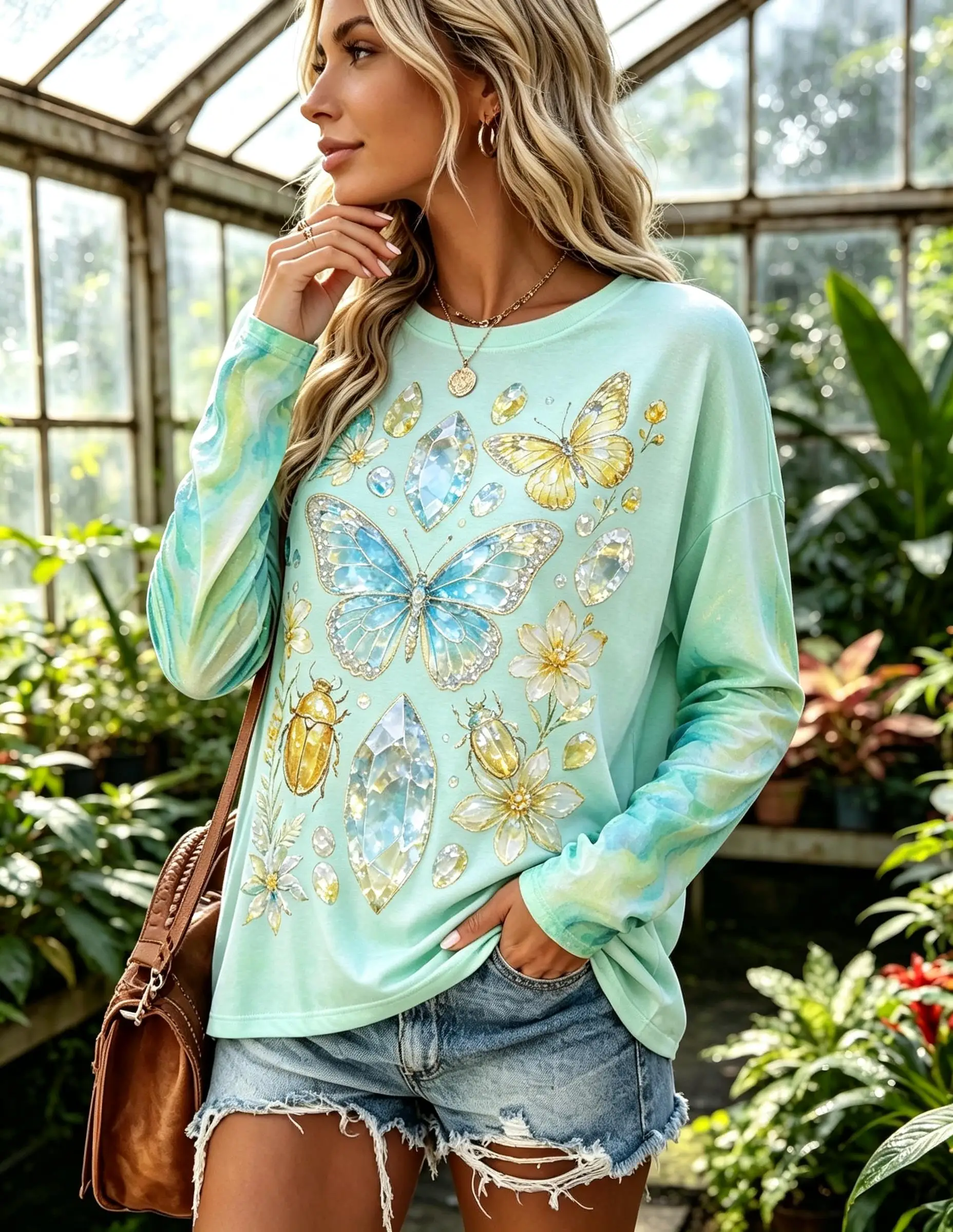 Women Long Sleeve T Shirt Mint Green Butterfly Floral Crystal Star Print Crew Neck Casual Spring Tops