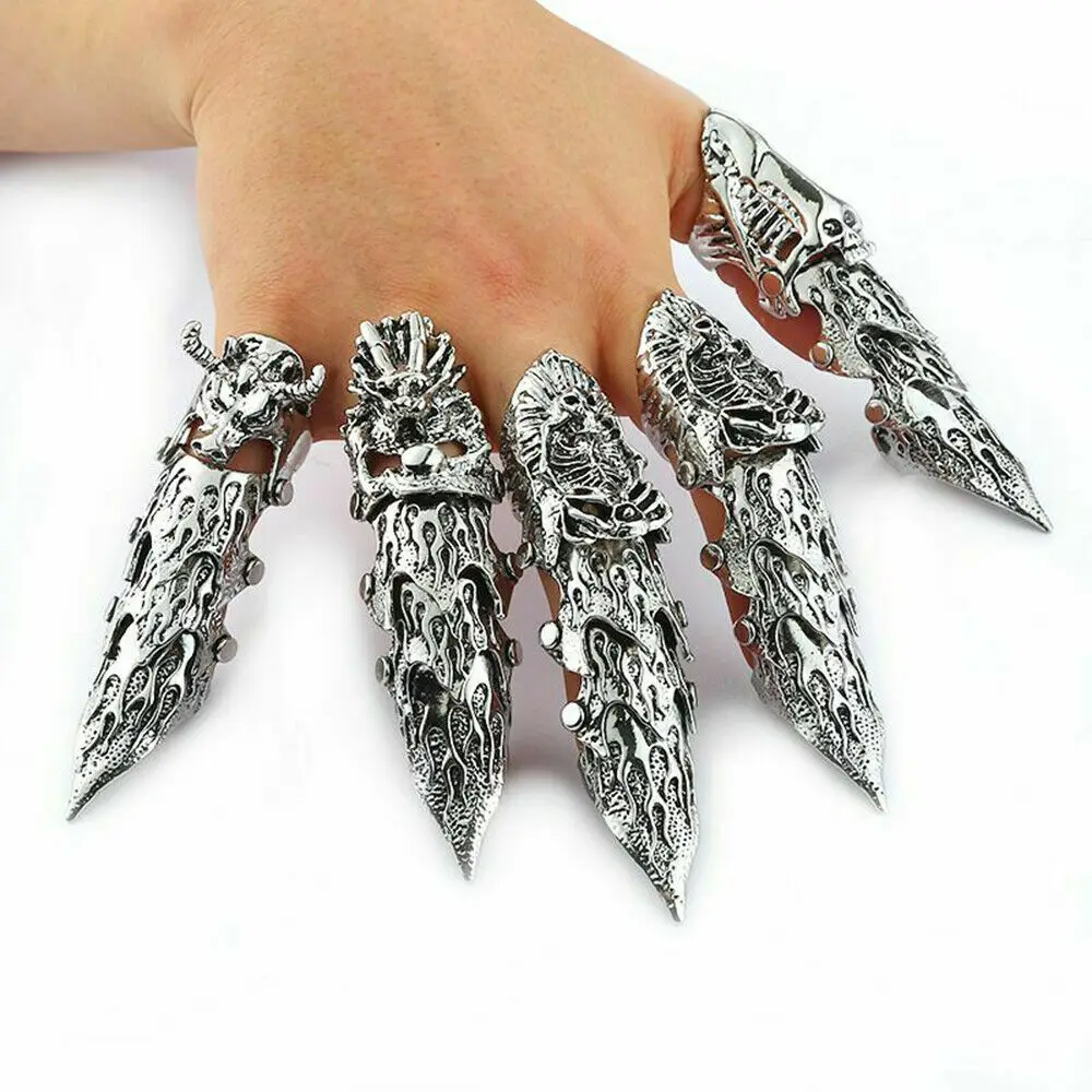 5pcs/lot Punk Full Finger Knuckle Armor Ring For Men Women Gothic Rock Metal Finger Claw Ring Cospaly Jewelry