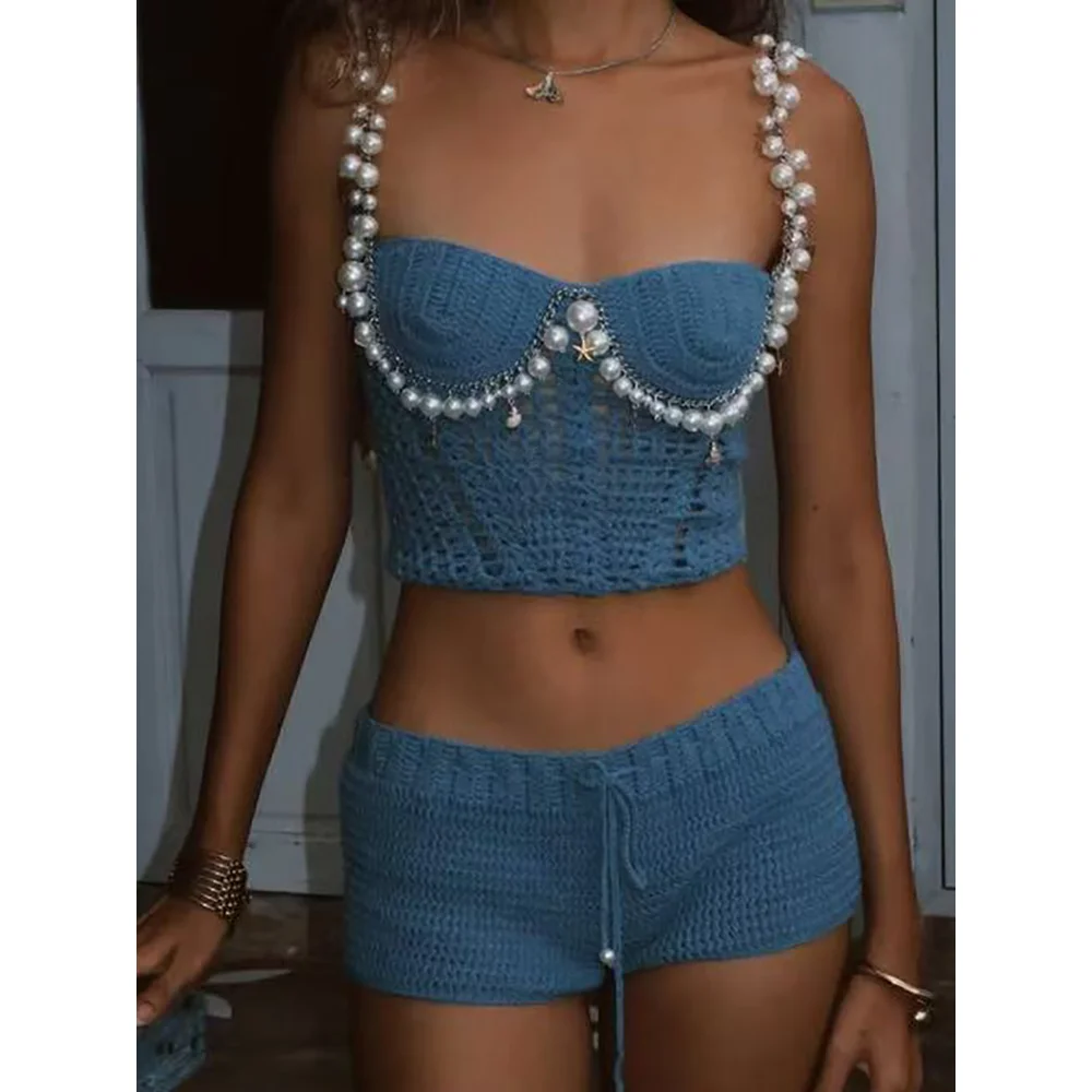 

Women Luxury 2 Piece Suspender Outfit Pearl Decor Hollow Out Handmade Crochet Top & Shorts Set Seaside Beach Vacation Style