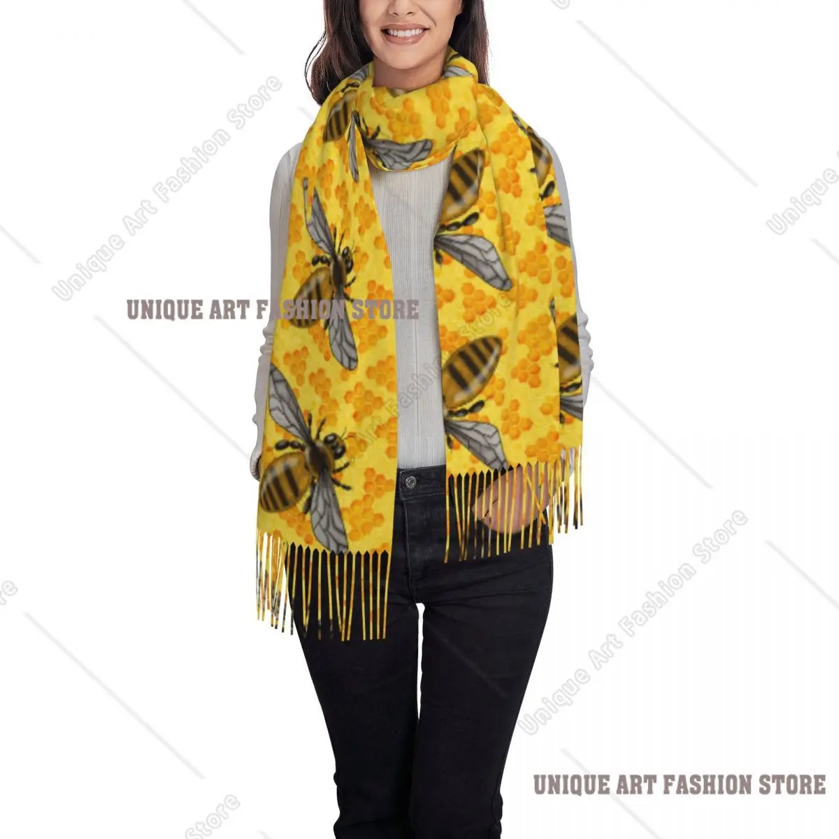 Custom Bee And Honeycomb Print Tassel Scarf Women Soft Shawl Wrap Ladies Winter Scarves