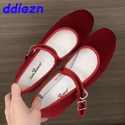 Soft Female Round Toe Footwear Shallow Office Lady Flats With Shoes Buckle Strap Fashion Silk Women Flats Mary Janes Red Shoes