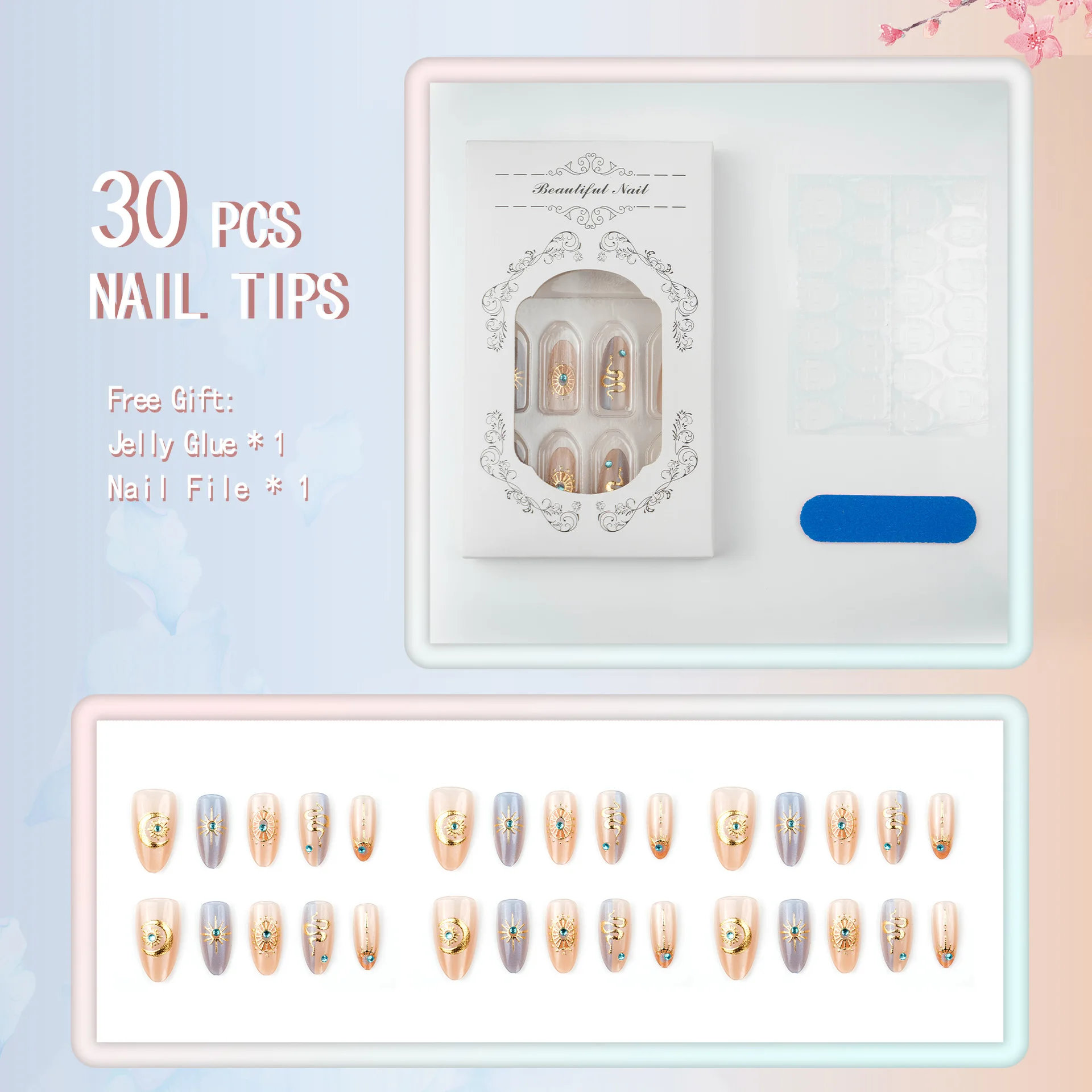 24 قطعة الأظافر كاذبة الفاخرة الجليدية لامعة عين القط ثعبان الطوطم اللوز اضغط على الأظافر مع الأرجواني الماس حار تصميم مانيكير مسمار الفن #4