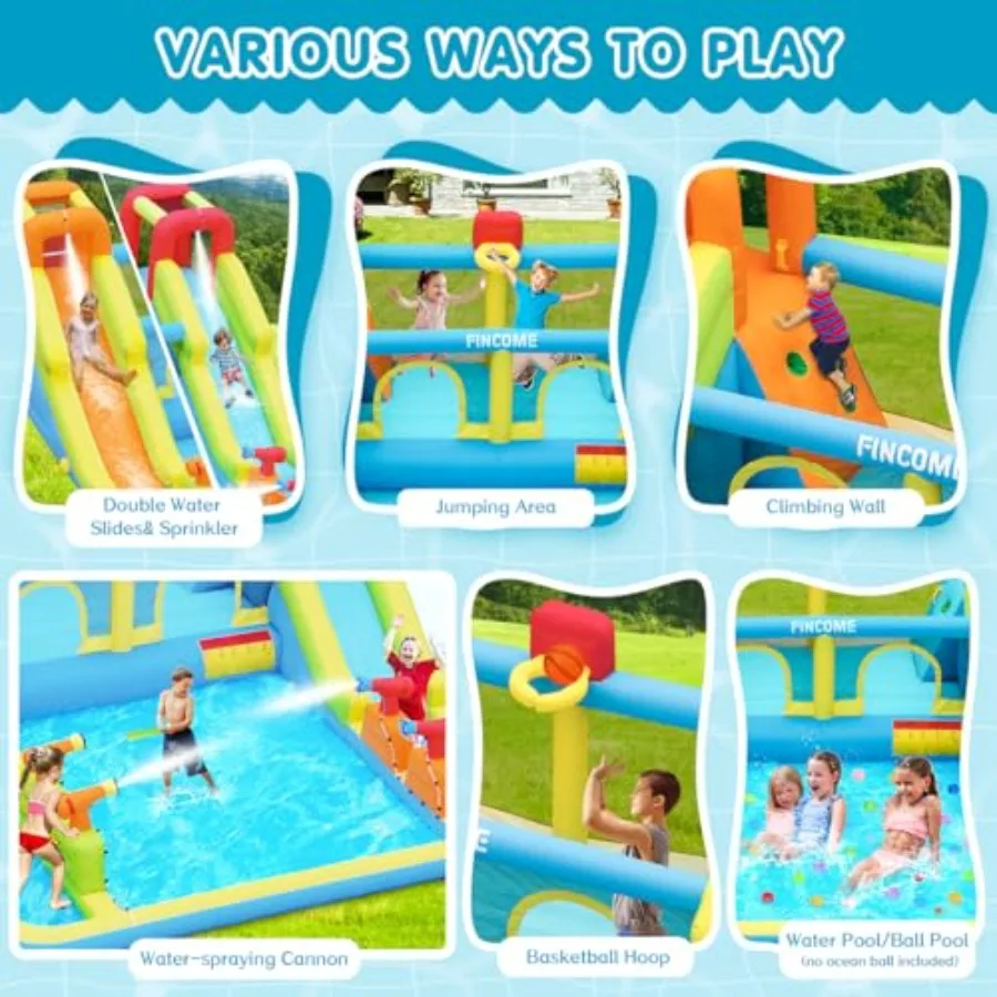 Inflatable Bounce House for:PVC, Blue/Red, Dual Slides + Water Feature, Indoor/Outdoor Use, Includes 750W Blower