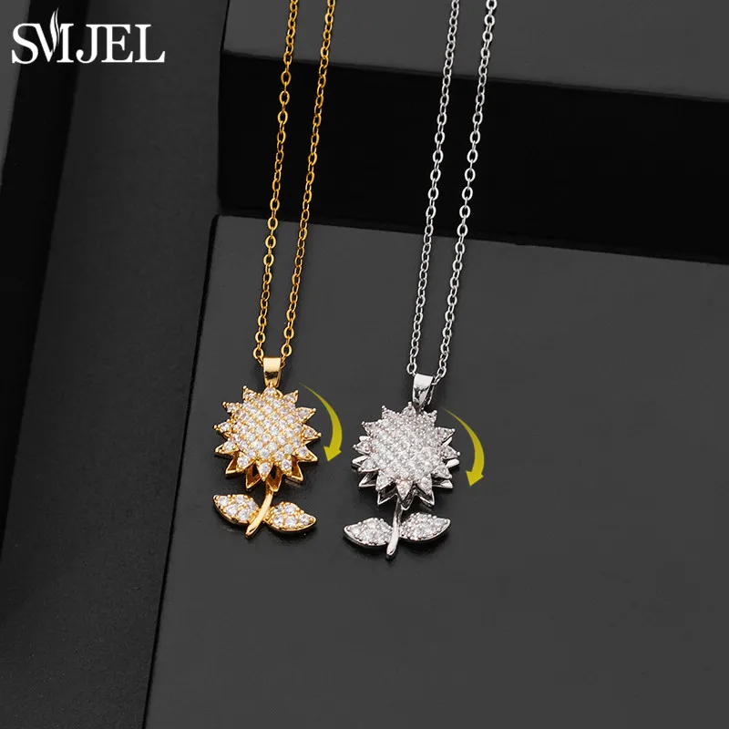 360° Rotatable Zircon Sunflower Pendants Necklaces for Ladies Sparkling Plant Charms Anxiety Relief Necklace Xmas Accessories