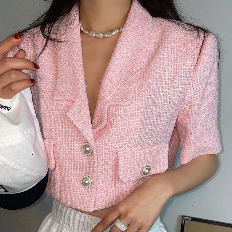 Chic High Street Short Sleeve Crop Blazer Jacket For Women Summer Solid Color Elegant Suit Outwear Lady Pockets Short Suit Top