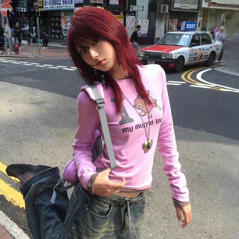 Karrram Japanese Y2k Pink T-shirt Vintage Harajuku Diamond Love Print T Shirts Long Sleeve Trashy 2000s Aesthetics Cutecore Tops