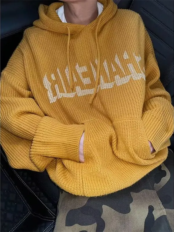 

Желтый вязаный свитер с капюшоном для мужчин и женщин, осень-зима, повседневный базовый слой, свободный крой, удобный мягкий тканевый шнурок