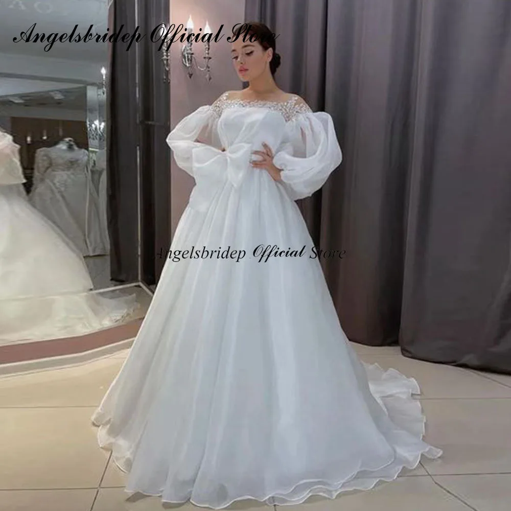 Angelsbridep plaża Organza Sweep pociąg suknia ślubna bufiaste rękawy koronkowe aplikacje czeski suknie ślubne Vestidos De Novia