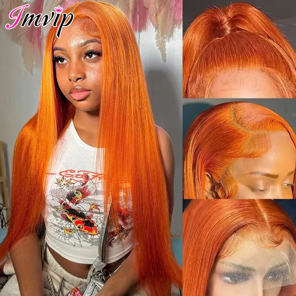 

36 Inches Straight Ginger Orange Human Hair Wig Lace Front 13x6 13x4 HD Frontal Colored Wigs for Women Pre Plucked 220 Density