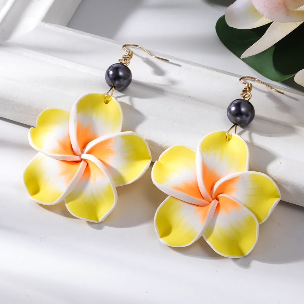 Polynesia Hawaiian Plumeria Dangle Earrings Handmade Soft Polymer Statement Drop Ear Rings Jewelry 2022 Flower Earring for Women