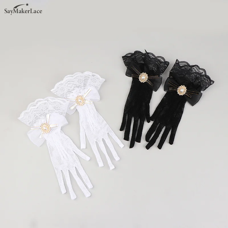 

1 Pair Handmade Lolita Lace Gloves Black White Mesh Bow Flower Lace Gloves Women Girls Cosaplay Costume Accessories