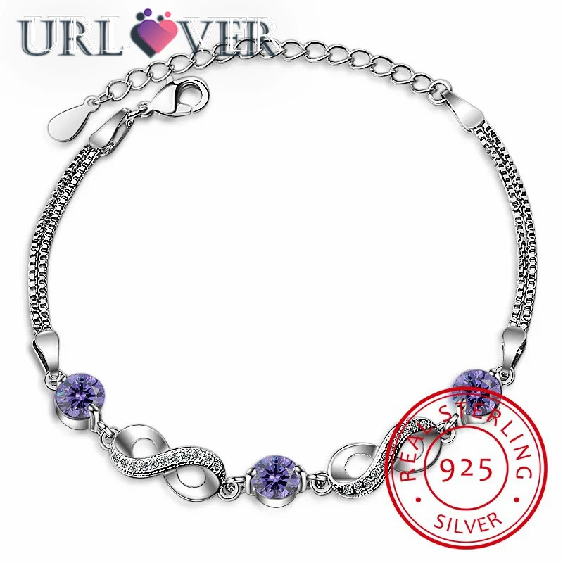 

URLOVER Authentic 925 Sterling Silver Endless Love Infinity Chain Link Adjustable Women Bracelet Luxury Silver Jewelry