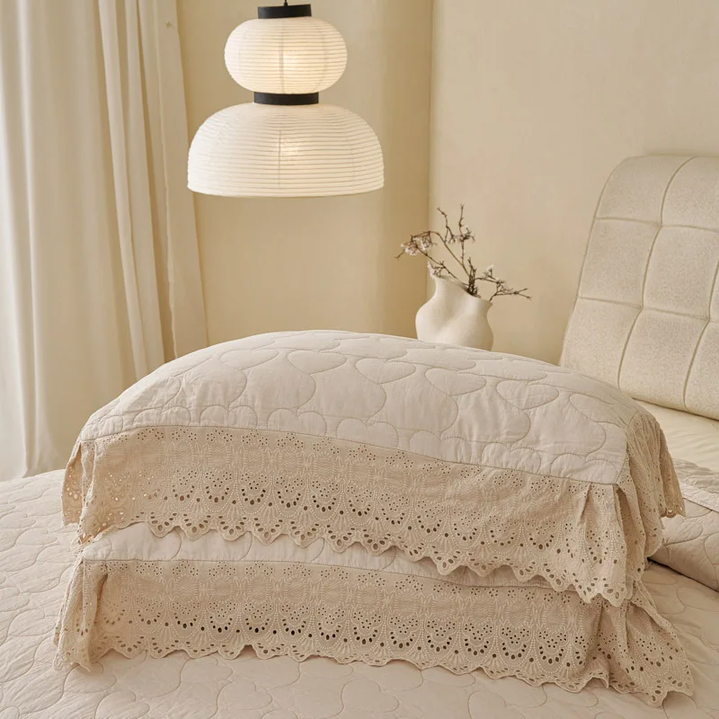 High Quality Embroidered Quilt Set, Solid Color Soft Cotton Sandwashed Quilted Bedspread 3PCS with Lace, Luxury Home Textile 3