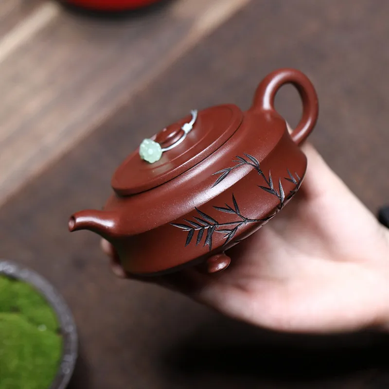 

Chinese Yixing Purple Clay Teapot Handmade Three-legged Tea Pot Bamboo Leaf Beauty Kettle Zisha Tea Set Household Teaware 280ml