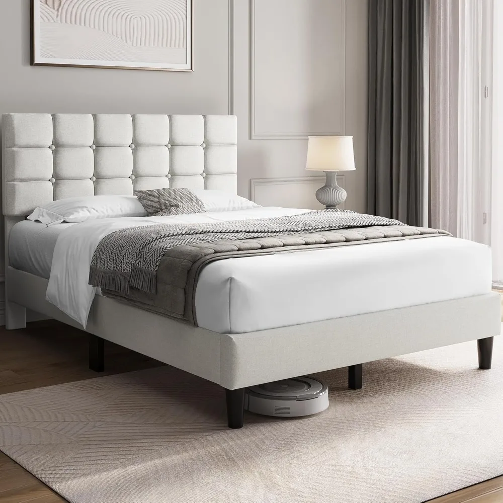 Full-Size Upholstered Platform Bed with Square Stitched and Button-Tufted Headboard, Height Adjustable Wood Frame