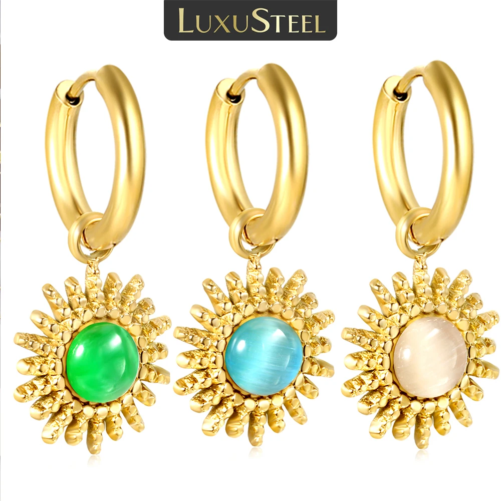 LUXUSTEEL Trendy Opal Stainless Steel Hoop Earring For Women Green Blue Stud Earrings Golden Fashion Drop Earrings Jewelry Gift