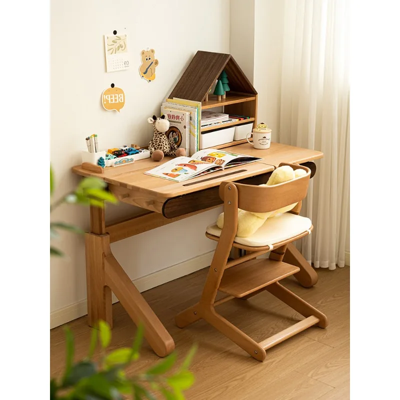 Teenagers and trees Children's solid wood lifting study table, desk Student household table and chair set Homework table Writing