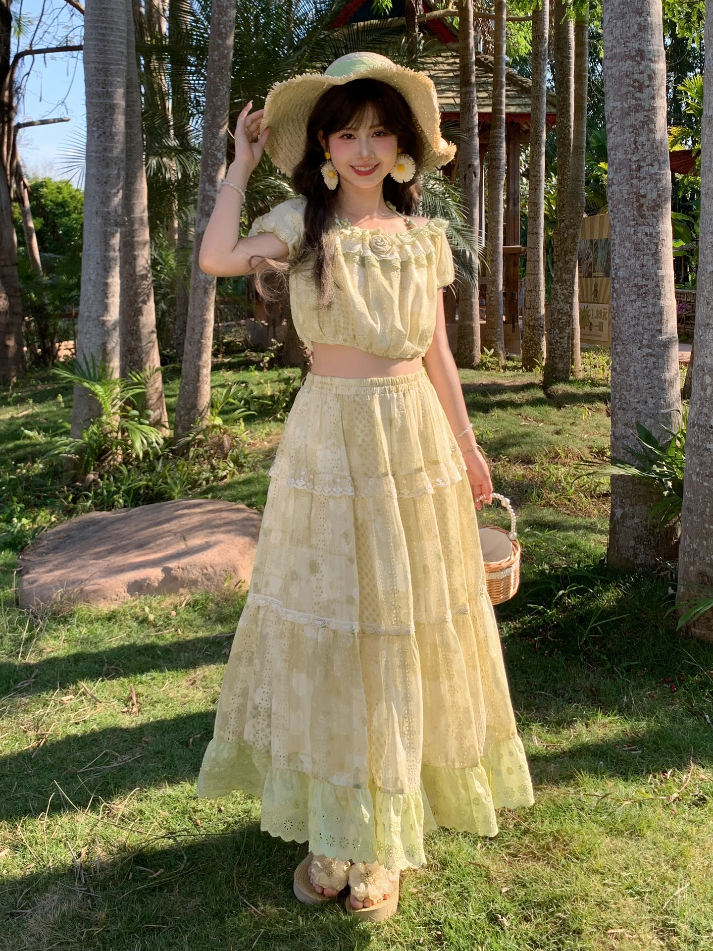 

Summer Vacation Sweet Splice Design High Waist Skirt Set Women's Fashion Breathable Polyester Fiber round Neck Short Sleeve