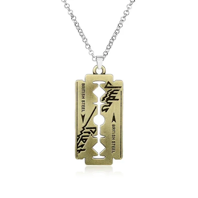 Hip Hop Rock Band Judas Priest Blade Razor Shape Pendant Necklace Long Chain Men Metal Necklace