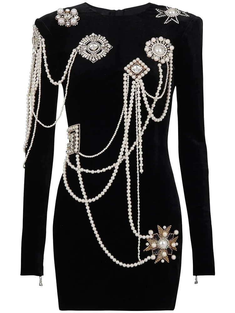 

HIGH QUALITY Newest 2024 Designer Stylish Fashion Women's Long Sleeve Pearls Chains Diamond Beaded Velvet Dress