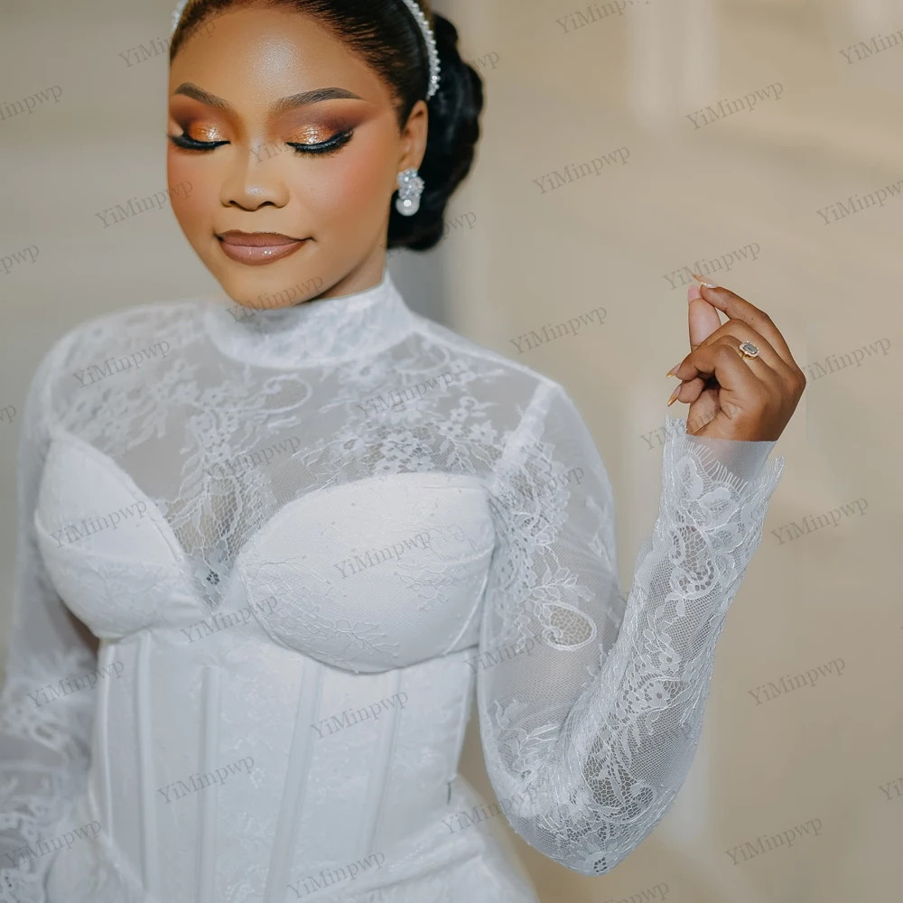 Vestido de novia de encaje africano para novia, cuello alto, manga larga, apliques de sirena, vestidos de novia de lujo, espalda con cordones personalizada 2025