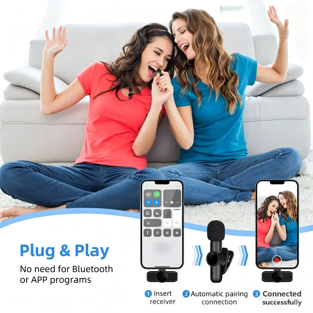 2in1 Wireless Microphone Mini Recording Mic Interview Lavalier Clip Noise Reduction for Live Streaming Broadcast Short Video