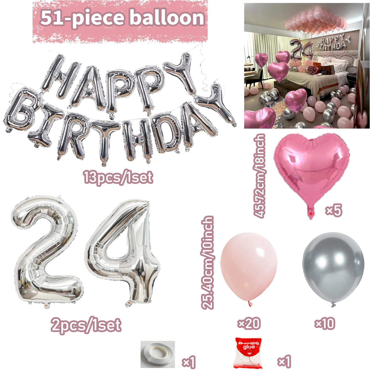 Rosa Silber Dekoratives Ballon-Set Silber Alles Gute zum Geburtstag Buchstabenballon für Damen und Mädchen Geburtstagsparty-Dekoration – Detail 2